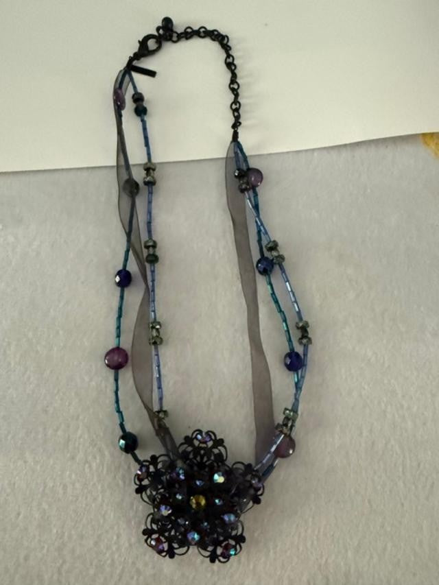 Lane Bryant Black Filigree Flower Statement Necklace AB Rhinestones 21" 2" Penda