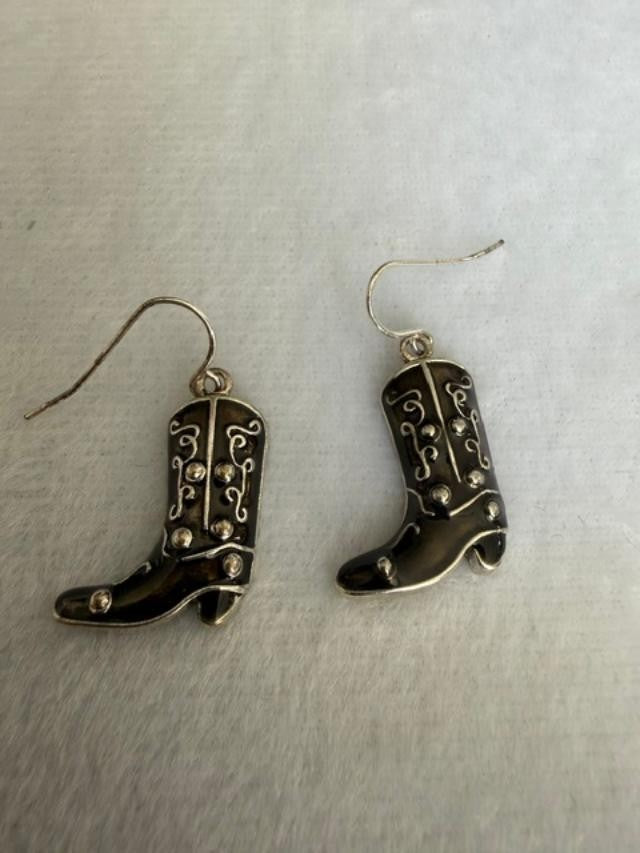 Fancy Black Enamel Western Cowboy Boots Silver Tone Earrings