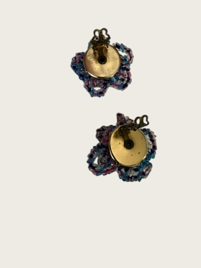 vintage handmade beaded flower clip-on earrings.