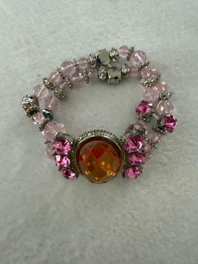 Pink Rhinestone Stretch Bracelet Amber Faceted Center Stone Silver Tone Boho