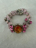 Pink Rhinestone Stretch Bracelet Amber Faceted Center Stone Silver Tone Boho