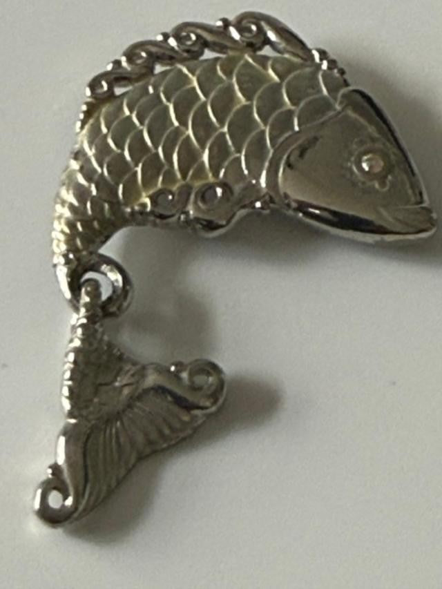 Vintage JJ Jonette Pewter Fish Brooch Articulated Tail AB Rhinestone Eye