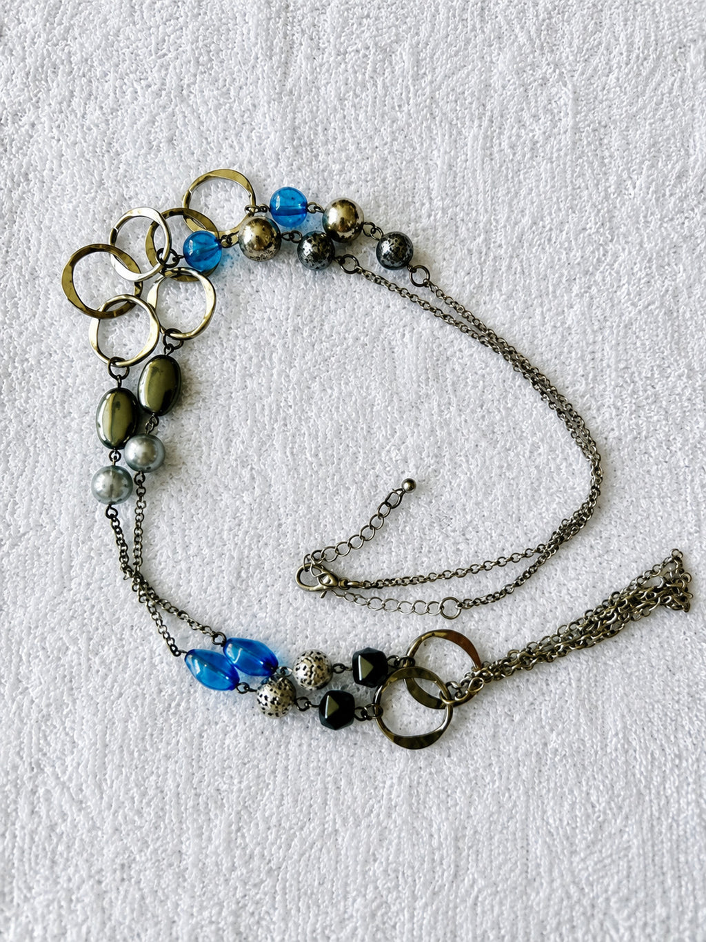 Blue Black Beaded Mixed Metal Long Station Double Chain Necklace 40"