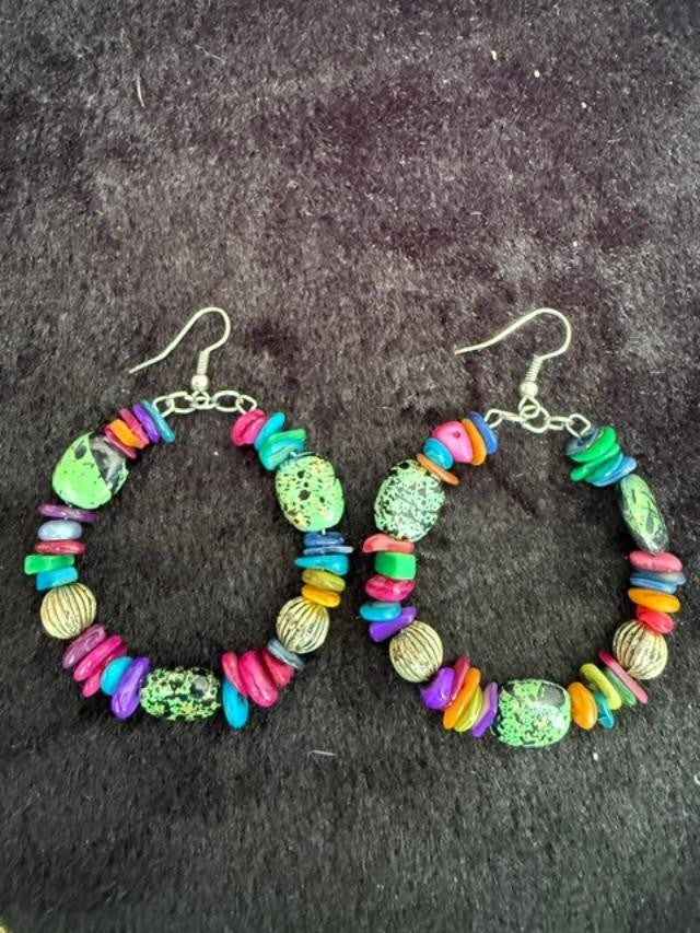 Multicolor Beaded Hoop Dangle Earrings Silver Tone Boho Pierced Statement