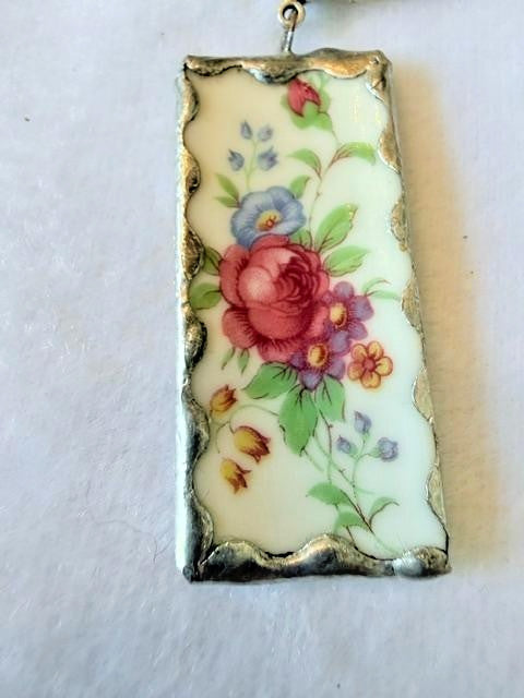 Handmade Broken China Floral Pendant Necklace Soldered Silver Tone 16" 2" Pendan