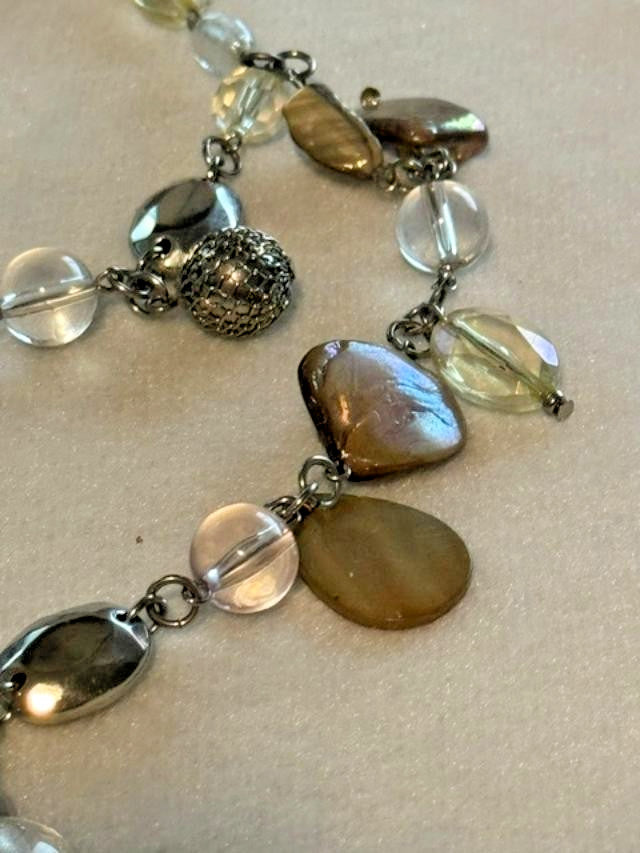 21" Multistrand Iridescent Shell Glass Bead Dangle Statement Necklace