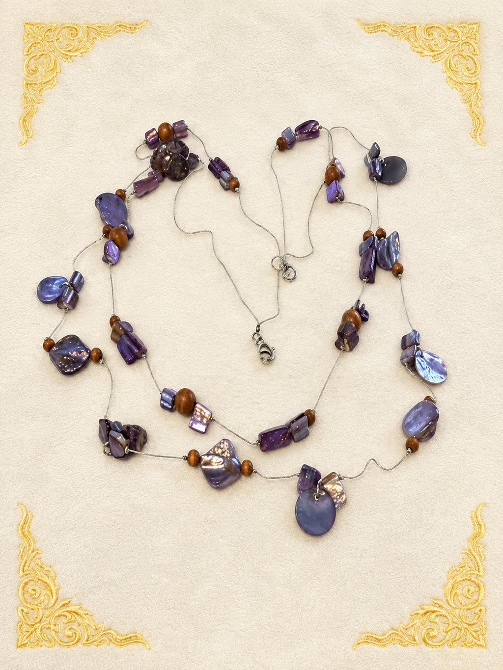 Purple Shell Wood Bead Double Strand Necklace 33 Inch Boho Statement