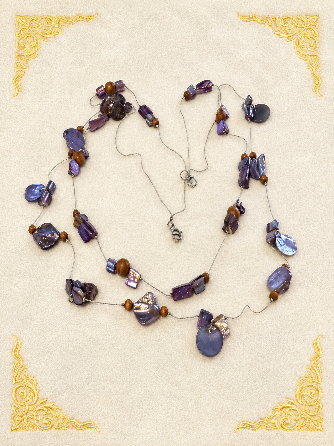 Purple Shell Wood Bead Double Strand Necklace 33 Inch Boho Statement