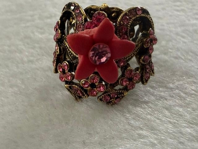 Tiara Misu Pink Rhinestone Flower Adjustable Cocktail Ring Gold Tone