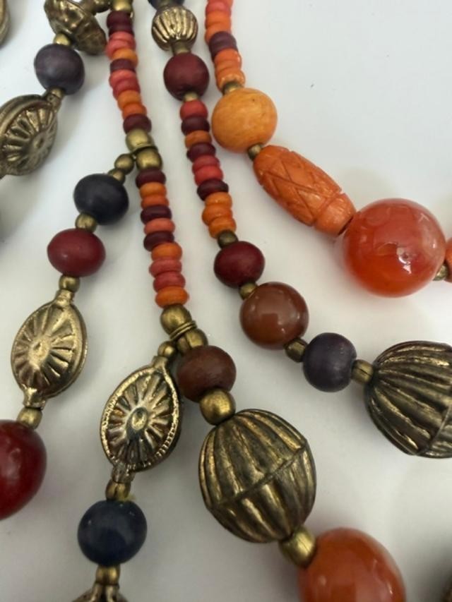 Boho Tribal Bead Necklace Earrings Set Orange Red Brass Tone Dangles