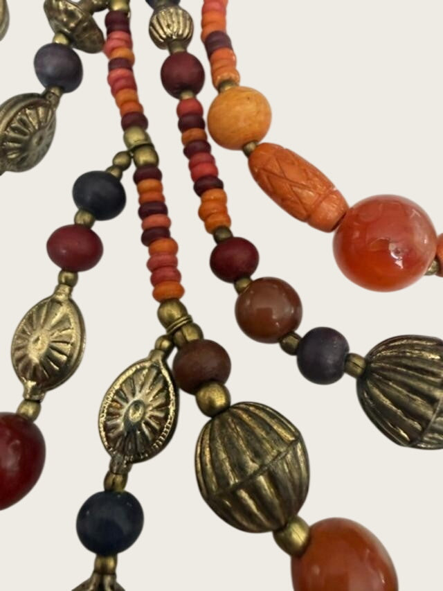 Boho Tribal Bead Necklace Earrings Set Orange Red Brass Tone Dangles