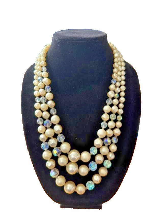 Vintage Multi Strand Necklace White Faux Pearls Aurora Borealis Crystal Beads