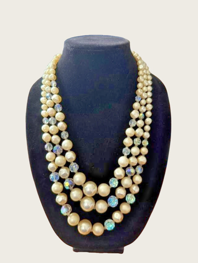 Vintage Multi Strand Necklace White Faux Pearls Aurora Borealis Crystal Beads