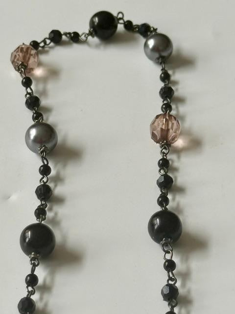 36” Black Gray Blush Pink Beaded Station Necklace No Clasp Opera Length  Conditi