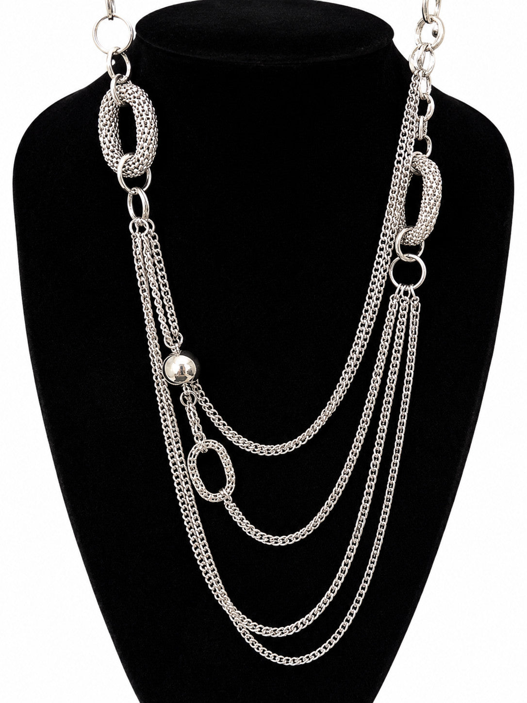 Silver Tone Multi Chain Statement Necklace Layered Oval Link Draped Fashion Jewe
