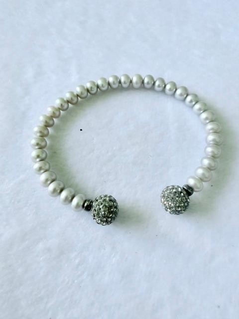 White Faux Pearl Open Cuff Bracelet Rhinestone Pavé Ball Ends Silver Tone
