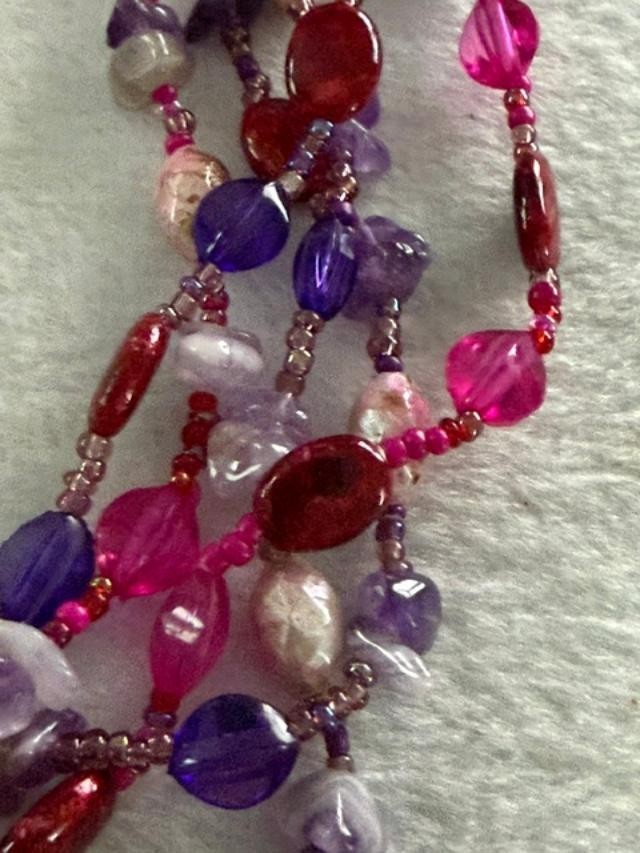 Multi Strand Boho Beaded Necklace Matching Earrings Purple Pink Set 30 inch