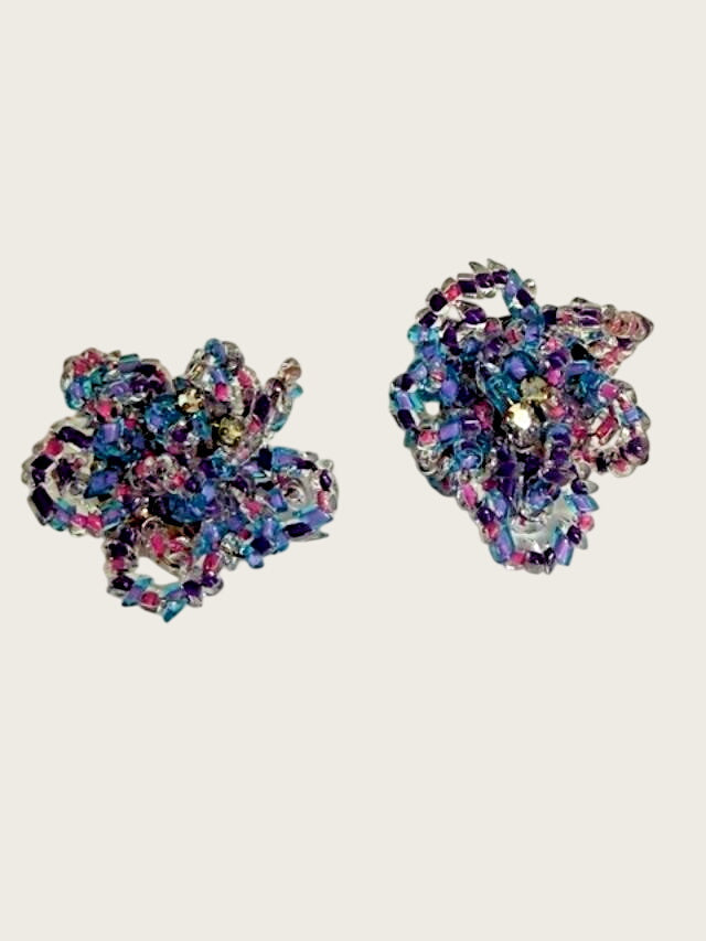 vintage handmade beaded flower clip-on earrings.