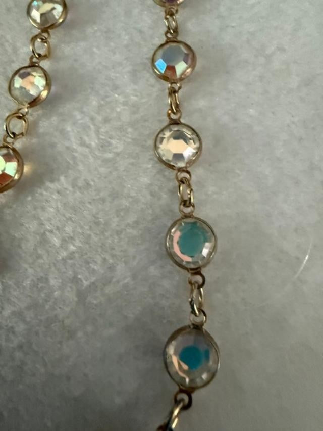 Gold Tone Aurora Borealis Crystal Station Necklace 17" Faceted No Clasp