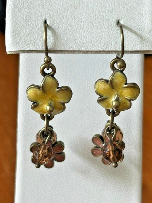 Yellow Enamel Flower Brown Bead Cluster Dangle Earrings Fishhook