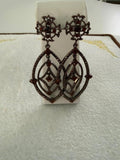 Art Deco Style Gunmetal Cognac Rhinestone Openwork Dangle Earrings 3 Inch