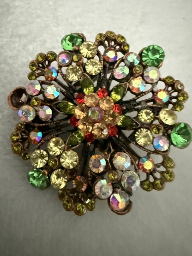 Vintage Style Rhinestone Flower Brooch Pin Green AB Crystal 2" Repurposed