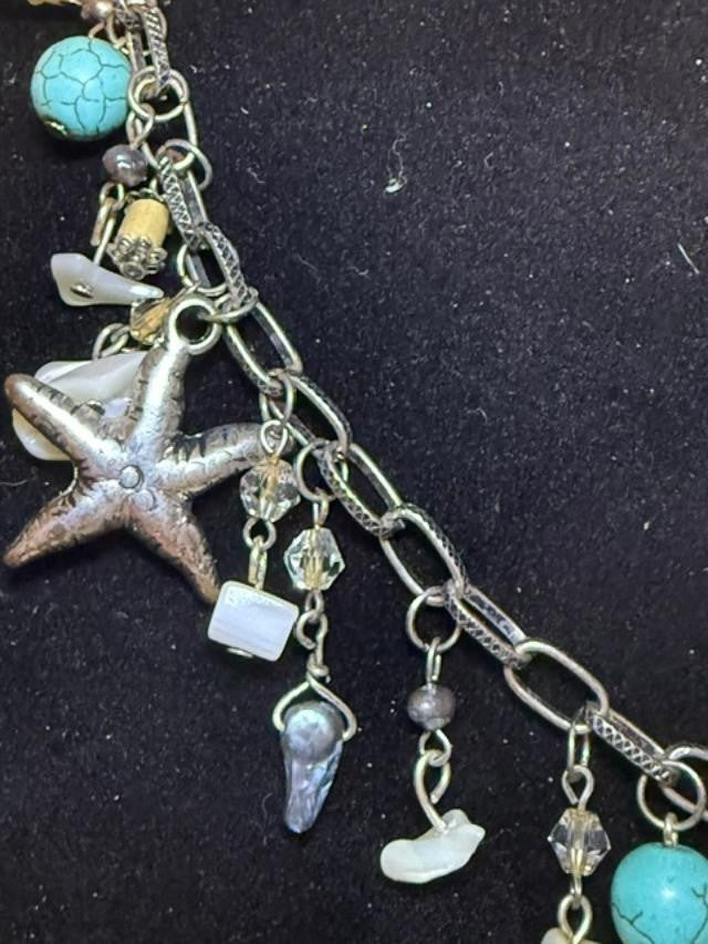 Boho Beach Charm Necklace Silver Tone Starfish Shell Faux Turquoise Coastal Stat