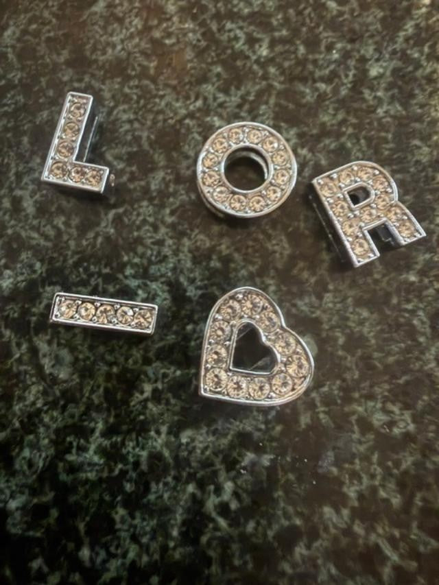 Silver Tone Rhinestone Letter & Heart Slide Charms Spacer Beads Lot of 5