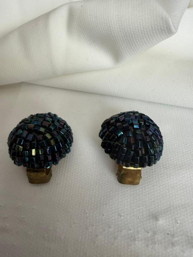 Pair Vintage Round Dark Blue AB Beaded Earrings