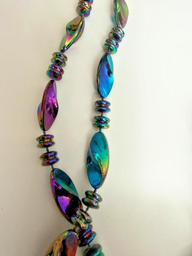 36" Rainbow Iridescent  Bead Necklace Long Costume Jewelry