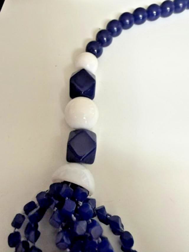 24" navy blue and white multi-strand beaded statement necklace