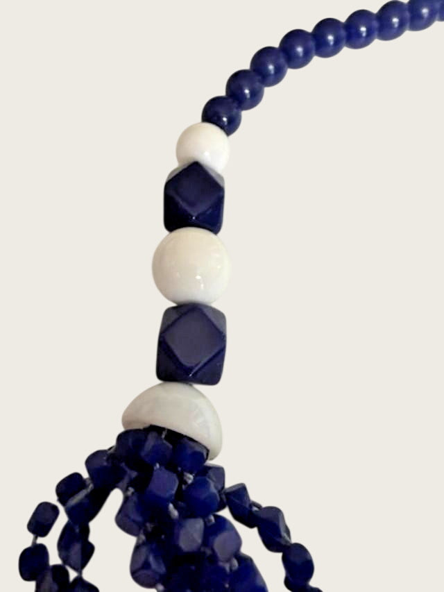 24" navy blue and white multi-strand beaded statement necklace
