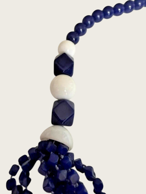 24" navy blue and white multi-strand beaded statement necklace