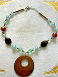 Boho Wood Donut Pendant Beaded Necklace Aqua Brown Glass Beads 20"