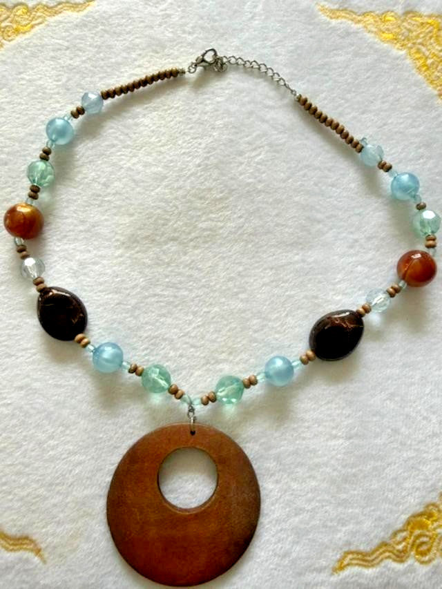 Boho Wood Donut Pendant Beaded Necklace Aqua Brown Glass Beads 20"