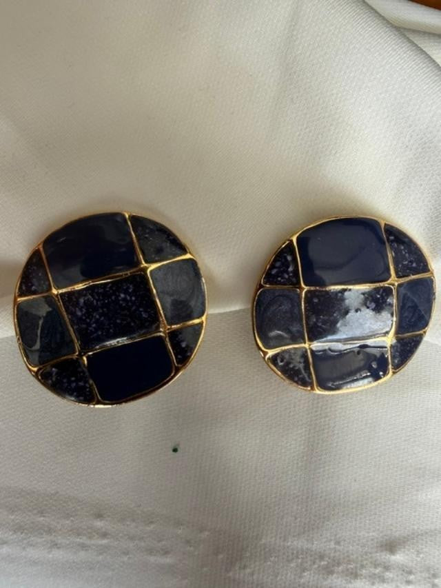 Vintage Clip-On Earrings. Blue & Gold Circle.,  1.5”Diam