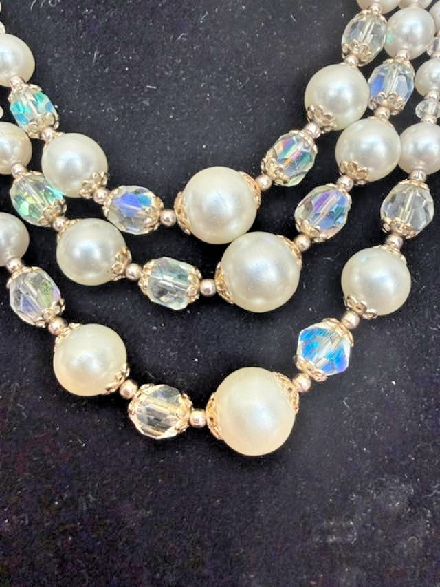 Vintage 3 Strand Beaded Necklace Clear Aurora Borealis Beads Faux White Pearls