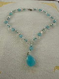 Handmade Aqua Glass Teardrop Pendant Necklace Clear Glass Crystal Beads 17"