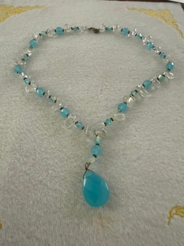 Handmade Aqua Glass Teardrop Pendant Necklace Clear Glass Crystal Beads 17"