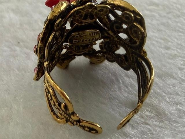 Tiara Misu Pink Rhinestone Flower Adjustable Cocktail Ring Gold Tone