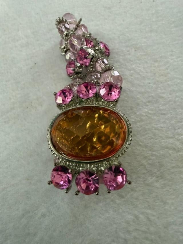 Pink Rhinestone Stretch Bracelet Amber Faceted Center Stone Silver Tone Boho