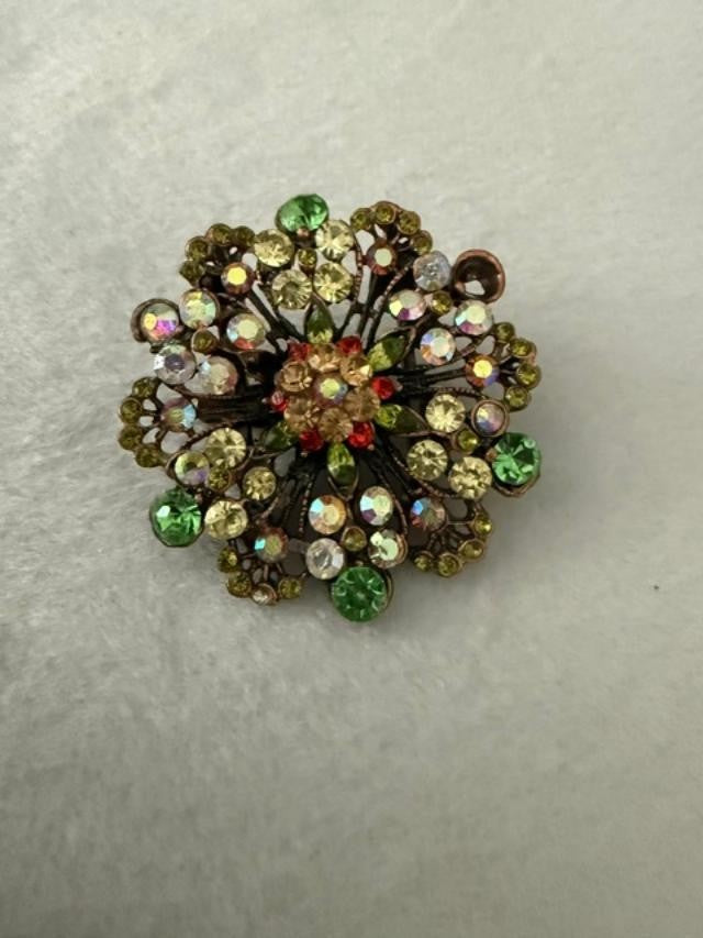 Vintage Style Rhinestone Flower Brooch Pin Green AB Crystal 2" Repurposed