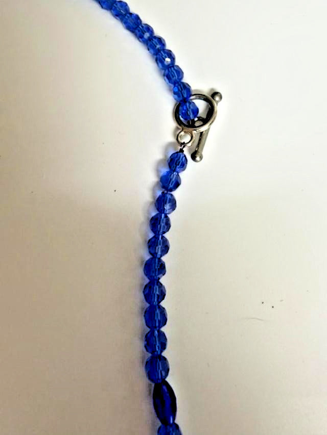 Blue Faceted Glass Bead Necklace 18" AB Accent Silver Tone Toggle