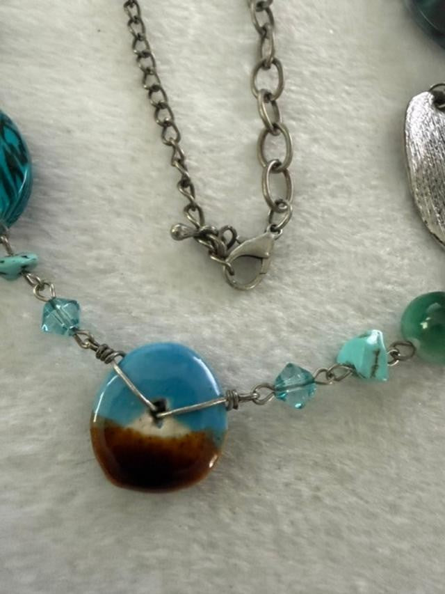 Boho Long Station Necklace Silver Tone Teal Resin Glass Beads Turquoise Chips 34