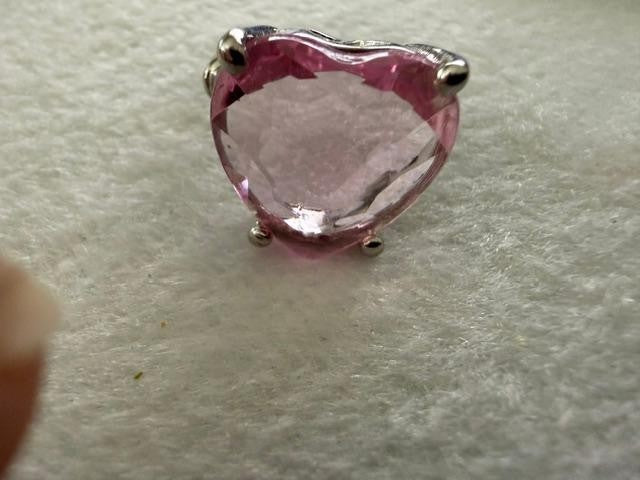 Pink Heart Cut CZ Glass Solitaire Ring Silver Tone Size 10 Statement Ring