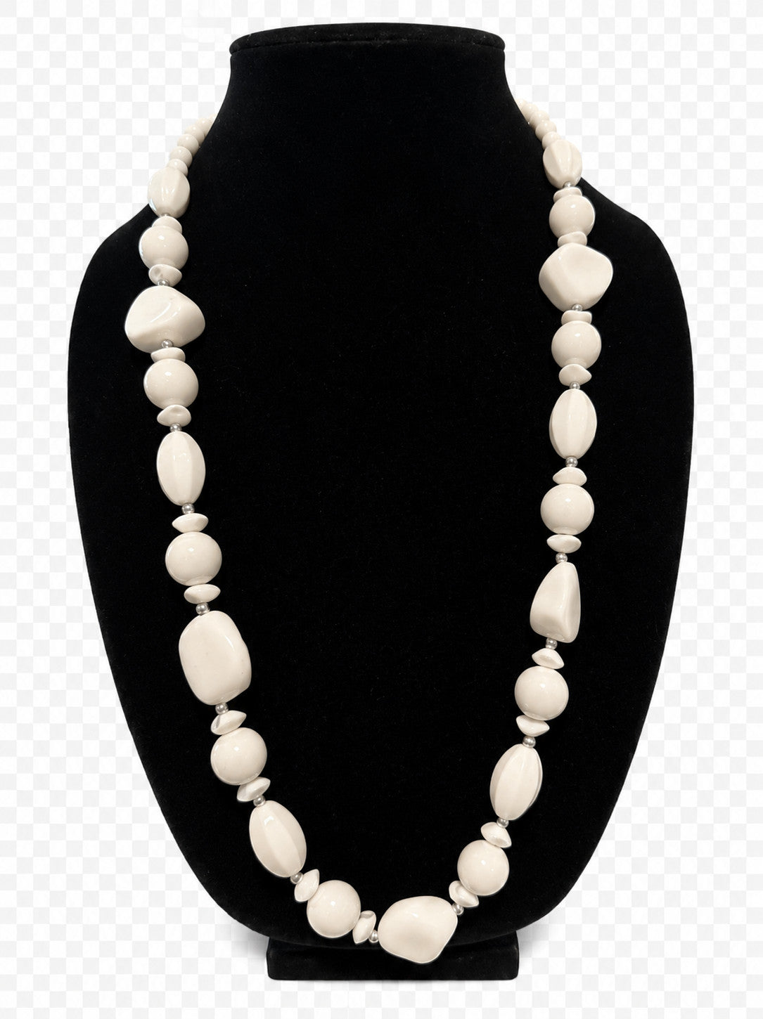 Vintage Long White Lucite Bead Necklace 31" Chunky Costume Jewelry