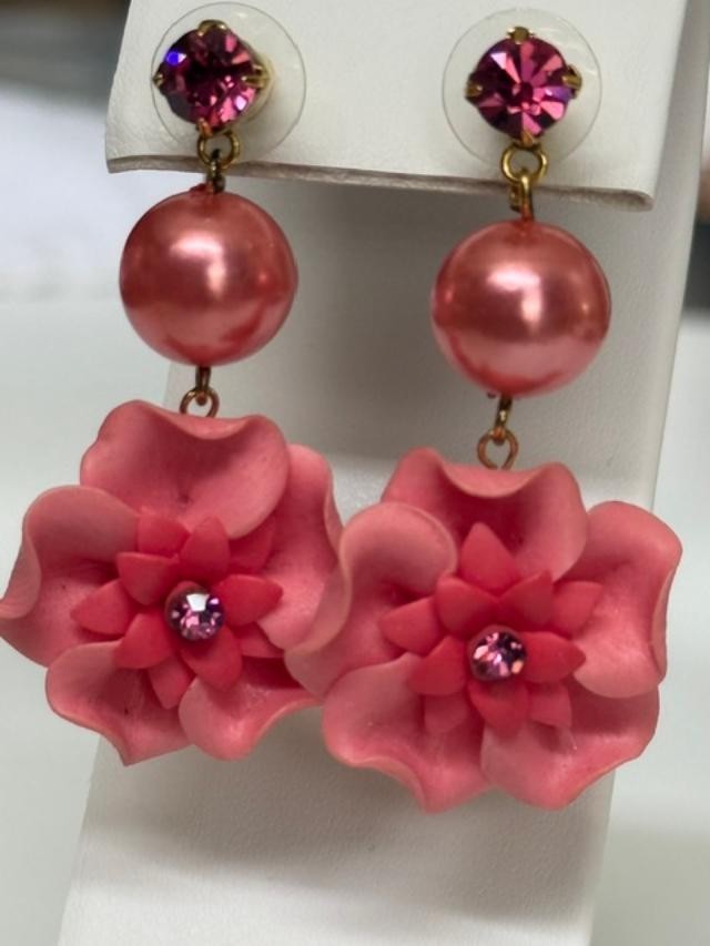 Pair of pink floral statement dangle earrings featuring fuchsia rhinestone stud