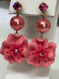 Pair of pink floral statement dangle earrings featuring fuchsia rhinestone stud