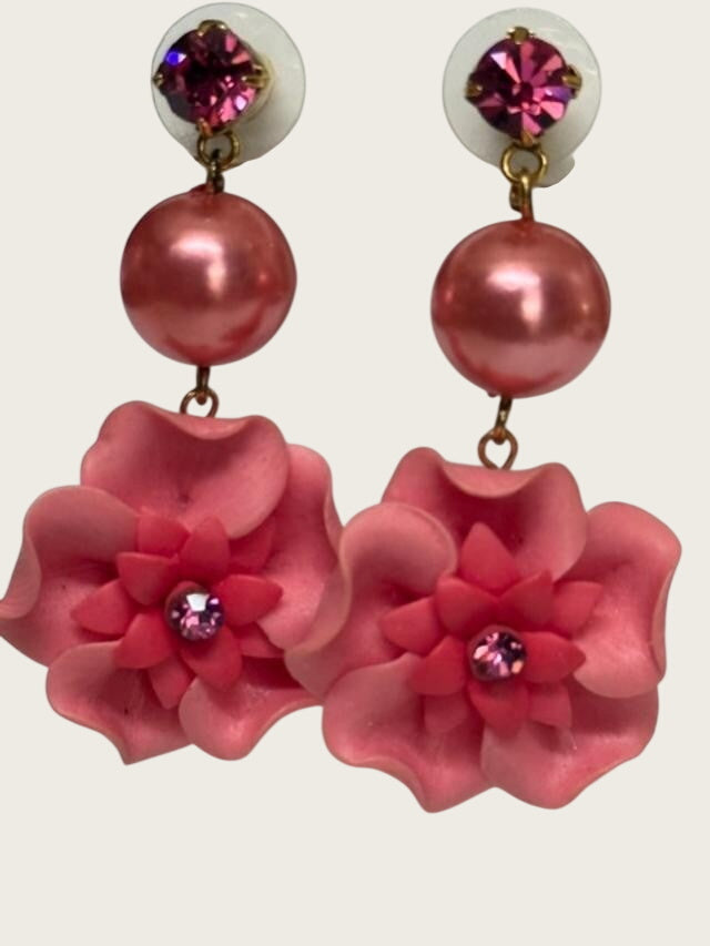 Pair of pink floral statement dangle earrings featuring fuchsia rhinestone stud