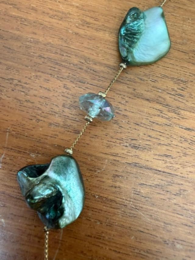 Black Lip Mother of Pearl Shell Glass Bead Long Station Necklace Boho